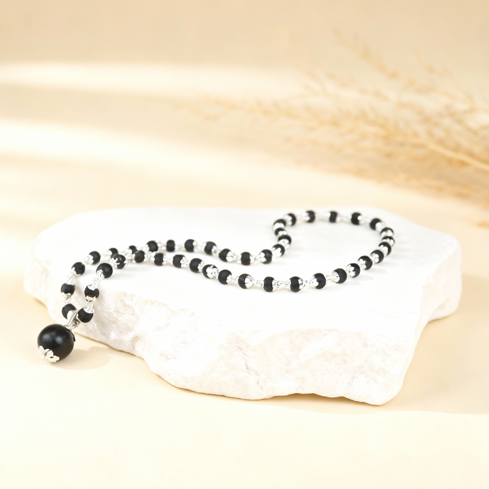 Siddh Karungali Beads Silver Cap Mala - 55 Beads, 18mm